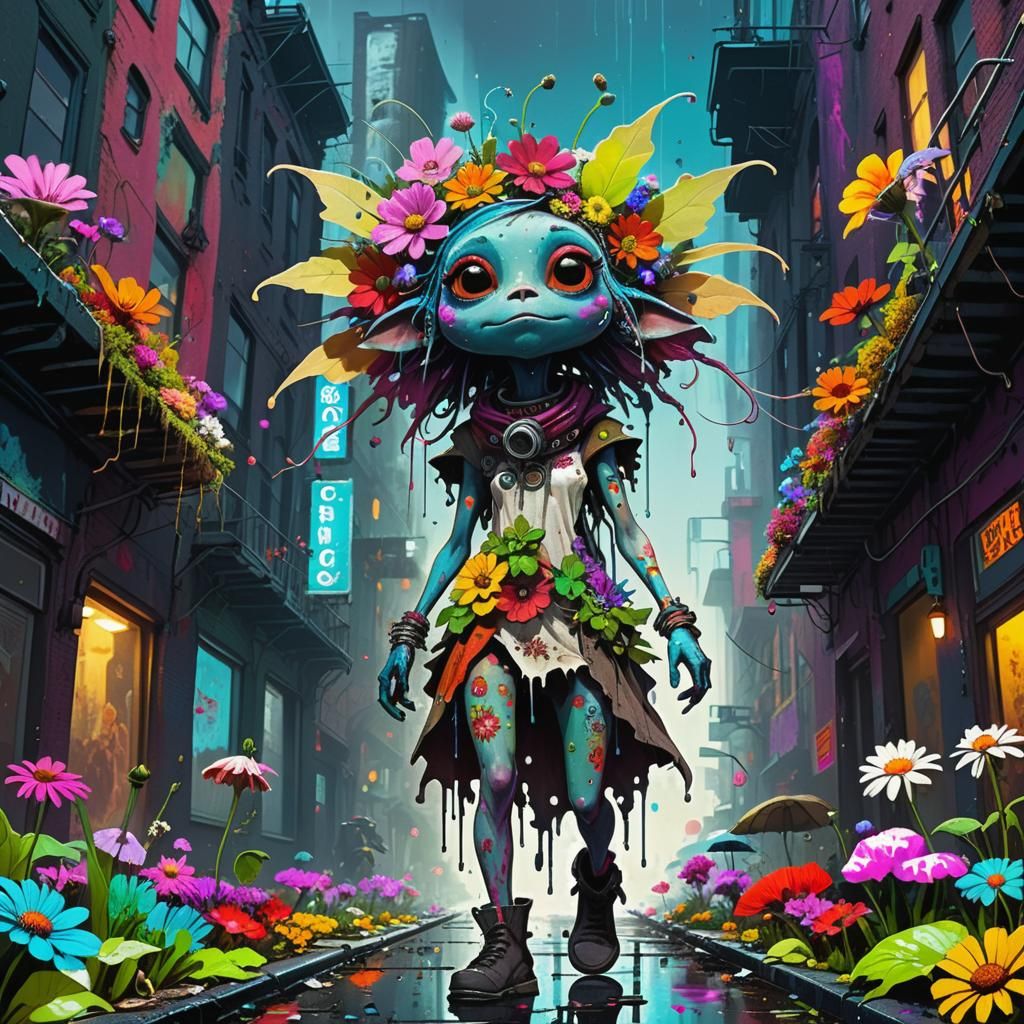 Bohemian Cyberpunk Flower Creature in Urban Fairytale City