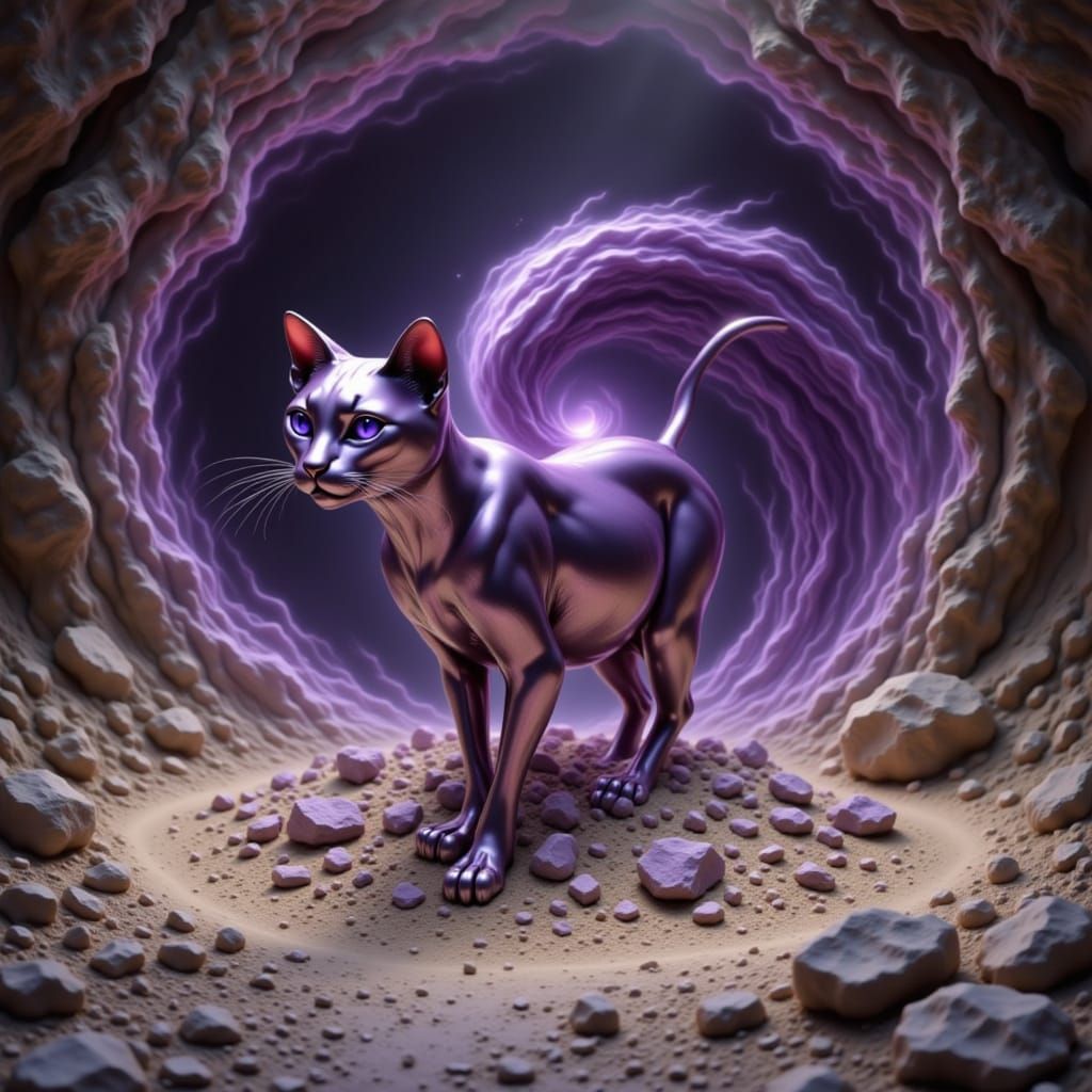 Polished Metal Cat Emerges from Vortex in Hyperrealistic Sty...