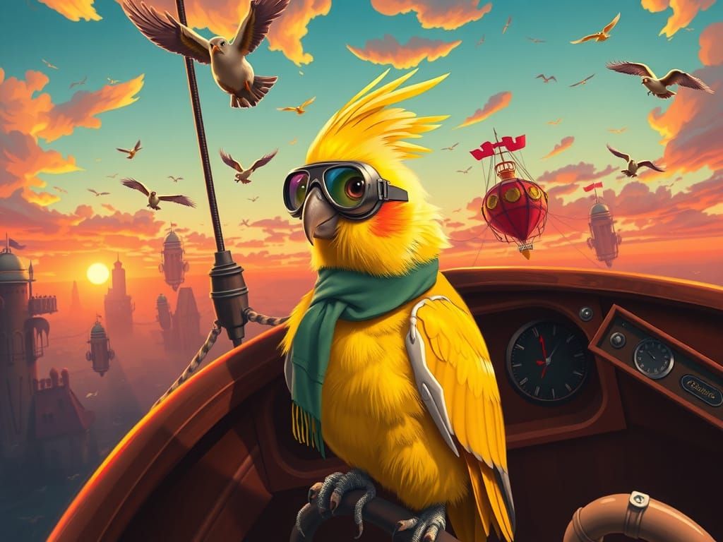Cockatiel Aviator in Whimsical Flying Ship, Dreamlike Illust...