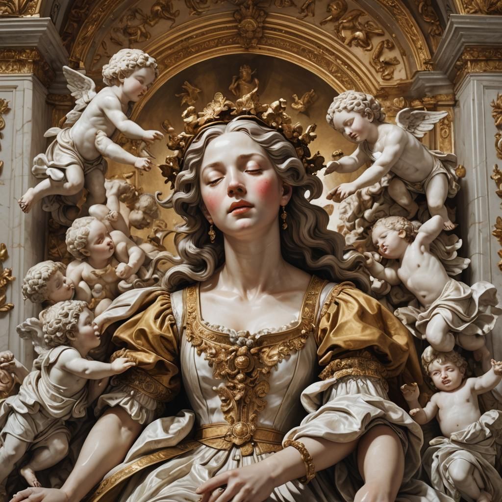 Woman in Ecstasy Surrounded by Putti: Hyperrealistic Concept...