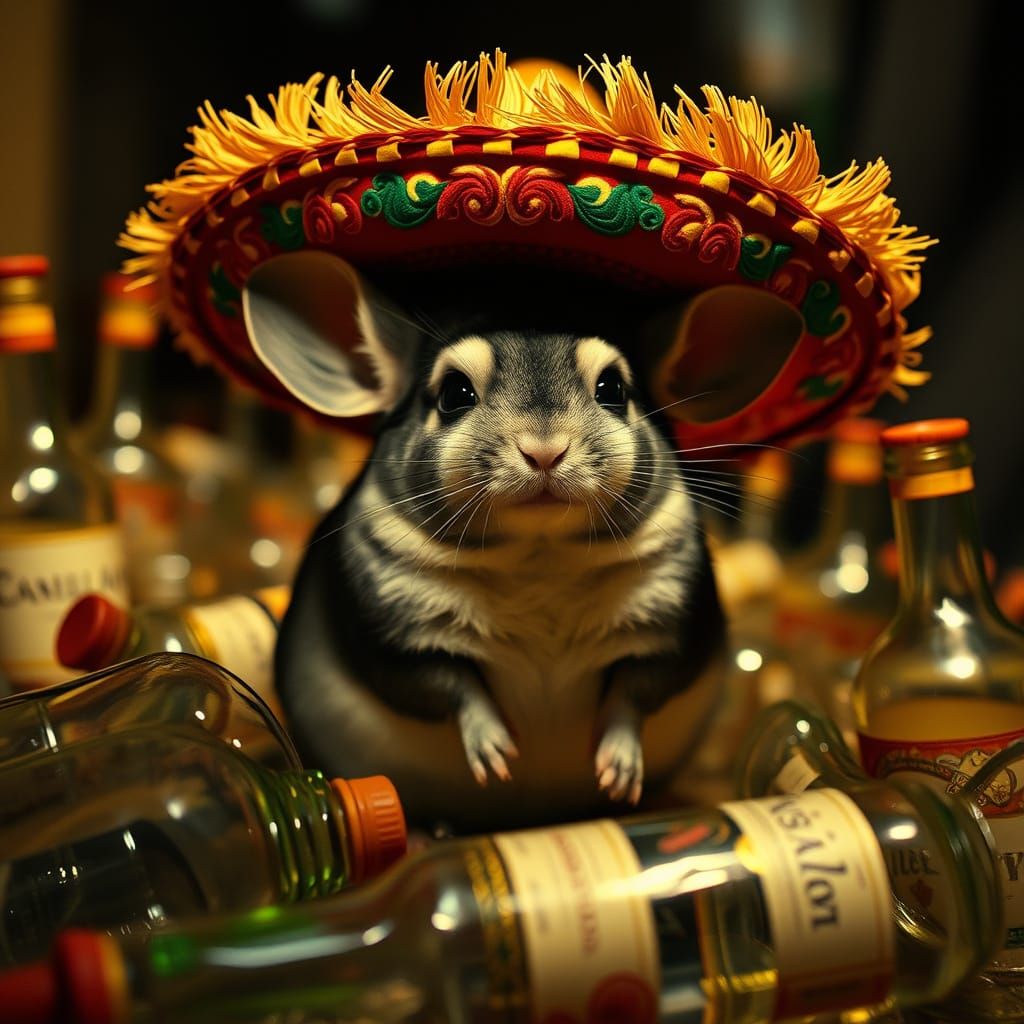 Chinchilla Celebrates with Tequila in Dark Fantasy Style