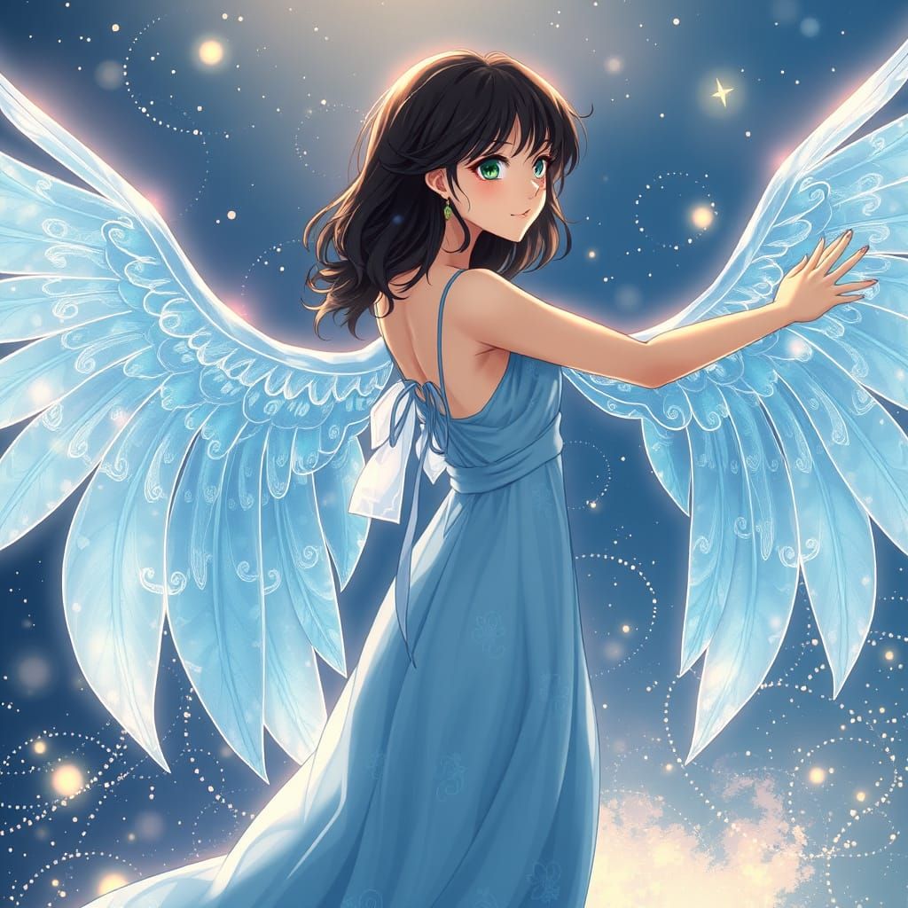 Surreal Anime Goddess with Celestial Wings in Soft Pastel Hu...