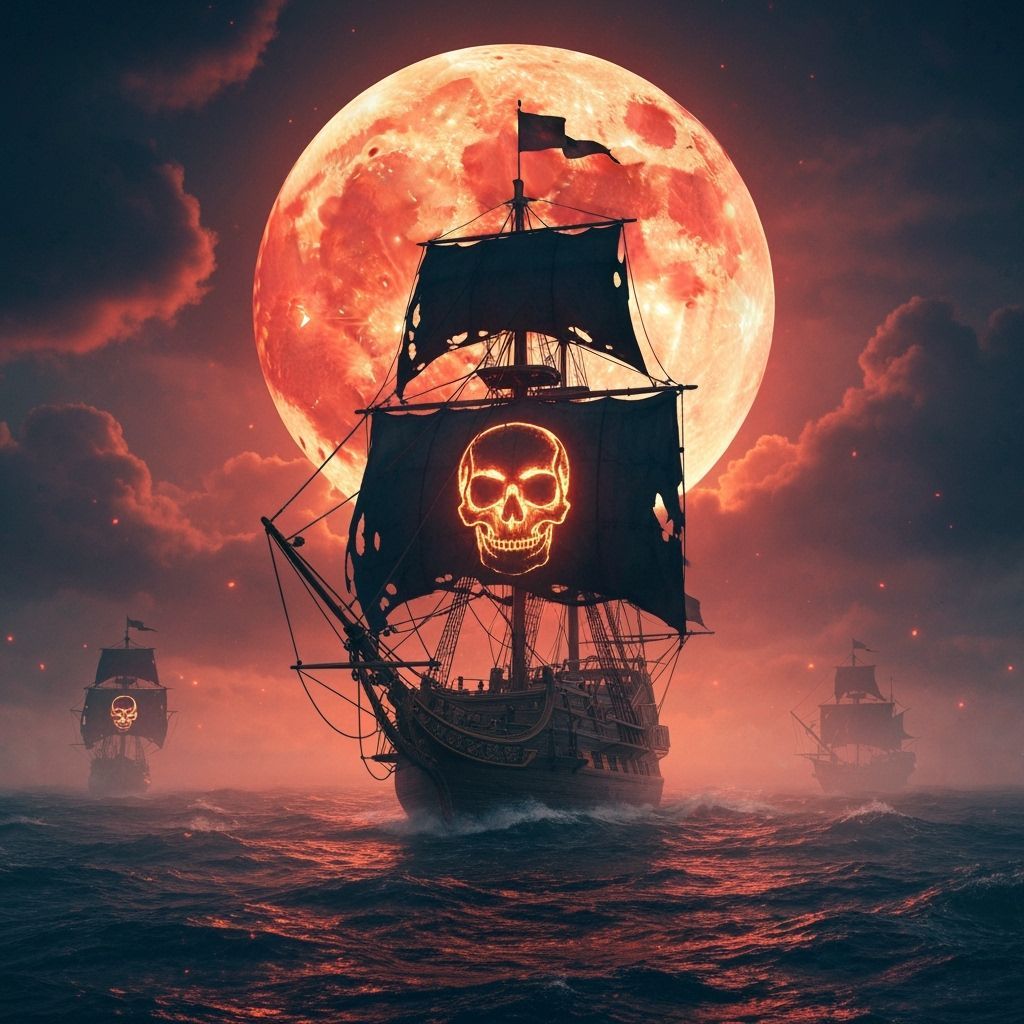 Ghost Pirate Ship in Stormy Seas Under Blood Moon