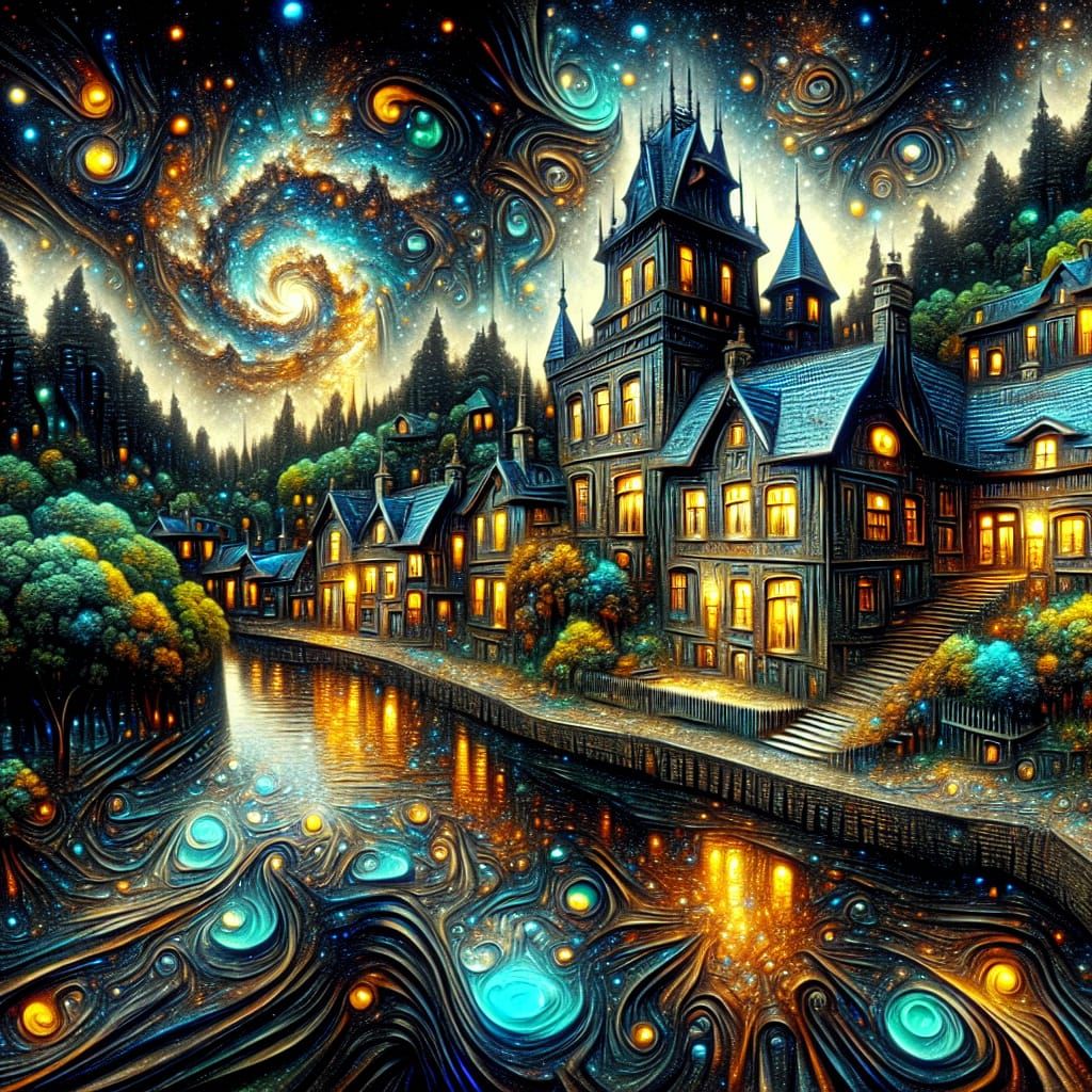 Breathtaking Atompunk Village Scene by a Cosmic River