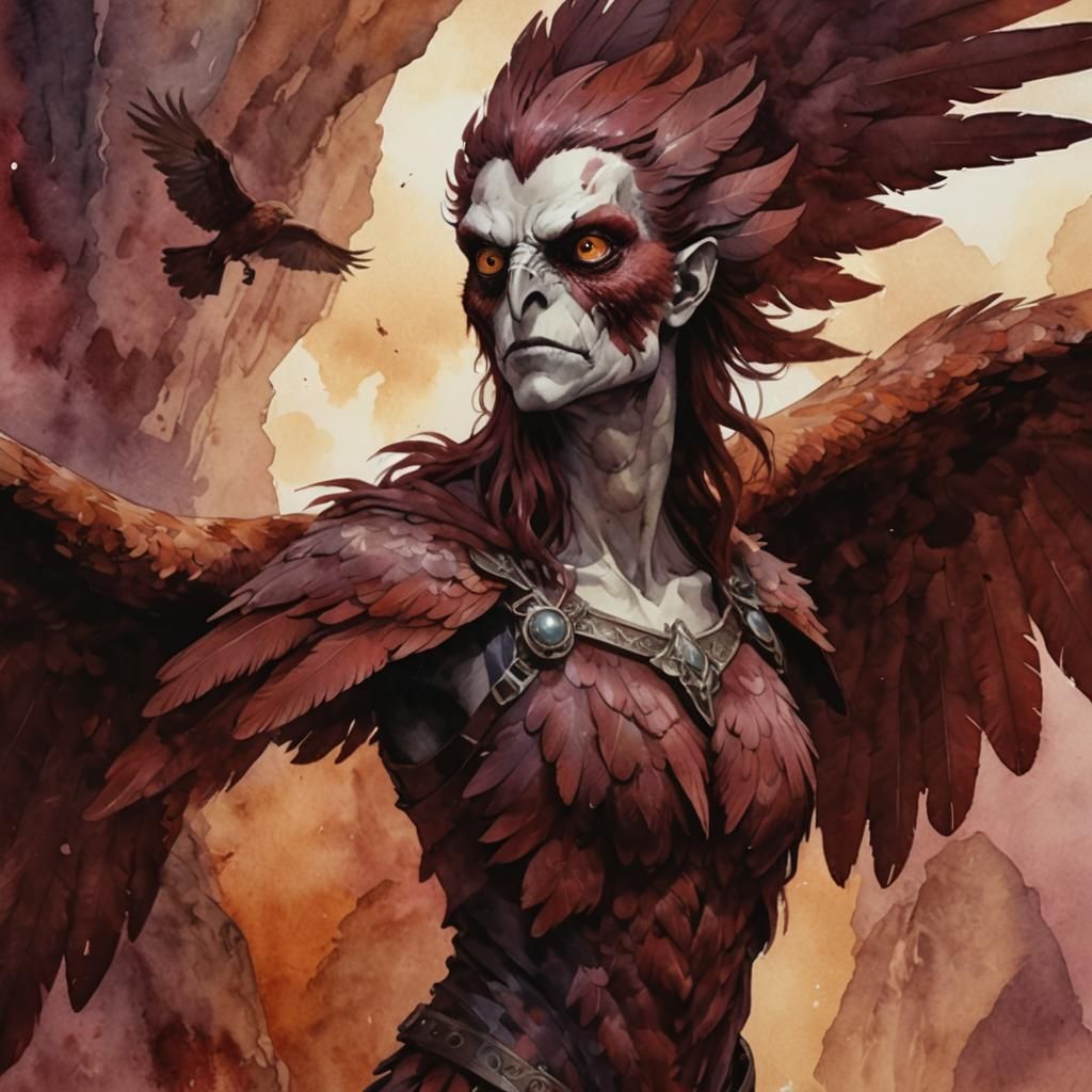 Watercolor Harpy with Bird Features on Clifftop