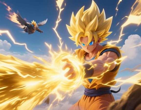 Goku Unleashes Golden Kamehameha in Detailed 3D Anime Style