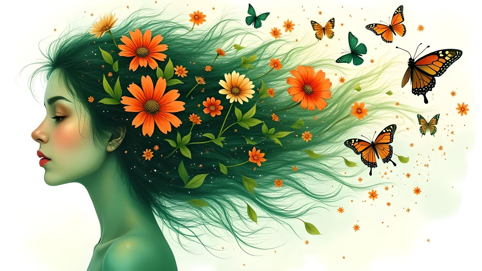 Green Face Profile with Flowers, Watercolor Style