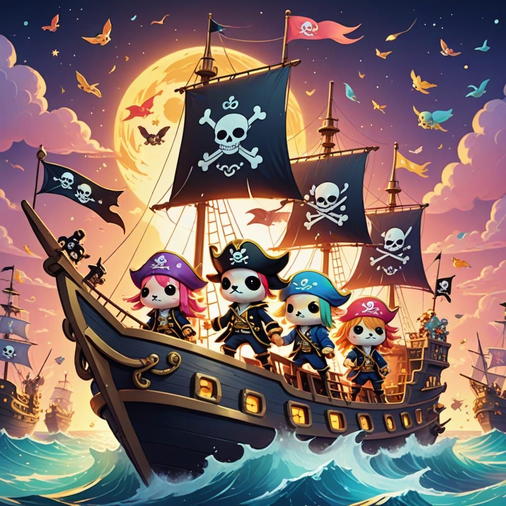 Kawaii Pirate Animals on a Battle Ship in Anime Style