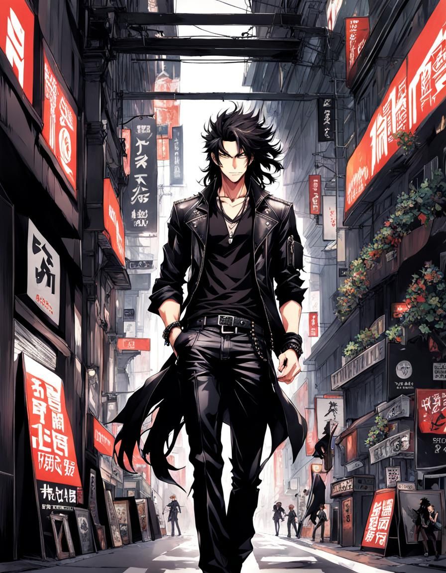 Punk Rebel with Long Curly Hair in Anime Style