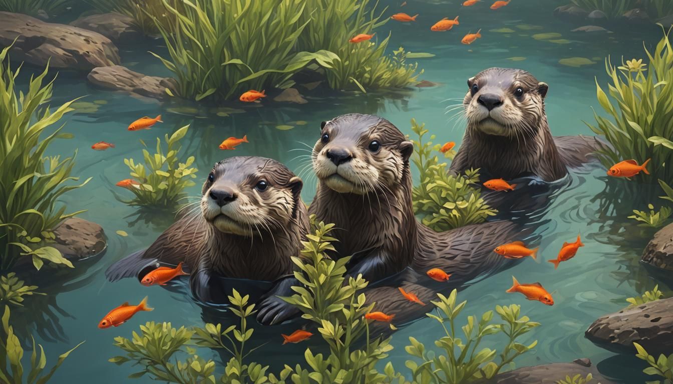 Otters in a Vibrant Underwater Landscape