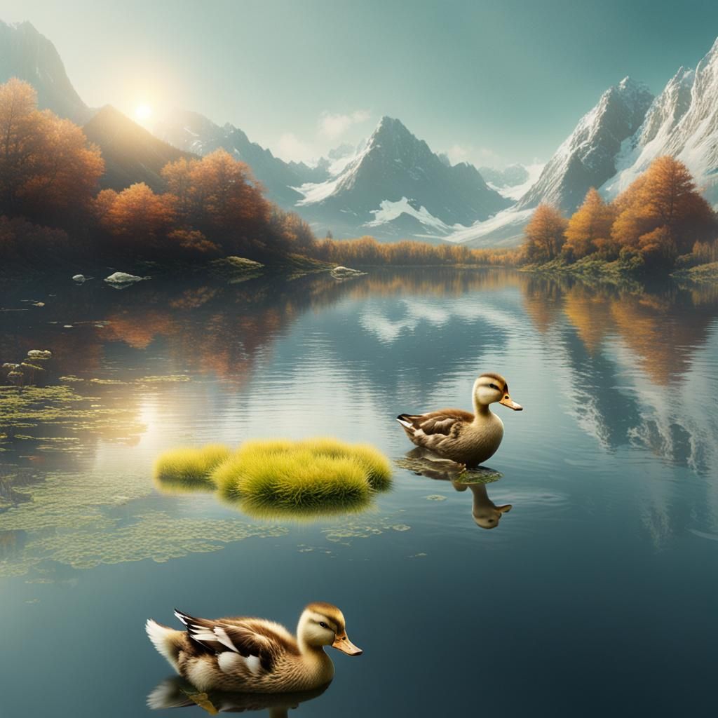 Fluffy Duckling on Lake: Solarpunk Matte Painting