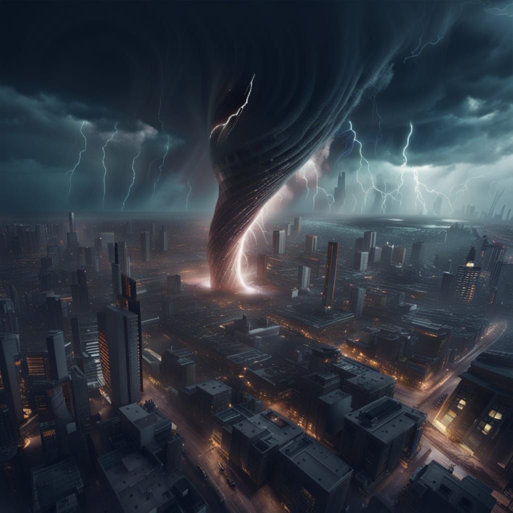 Realistic Tornado Devastates Metropolis from Above