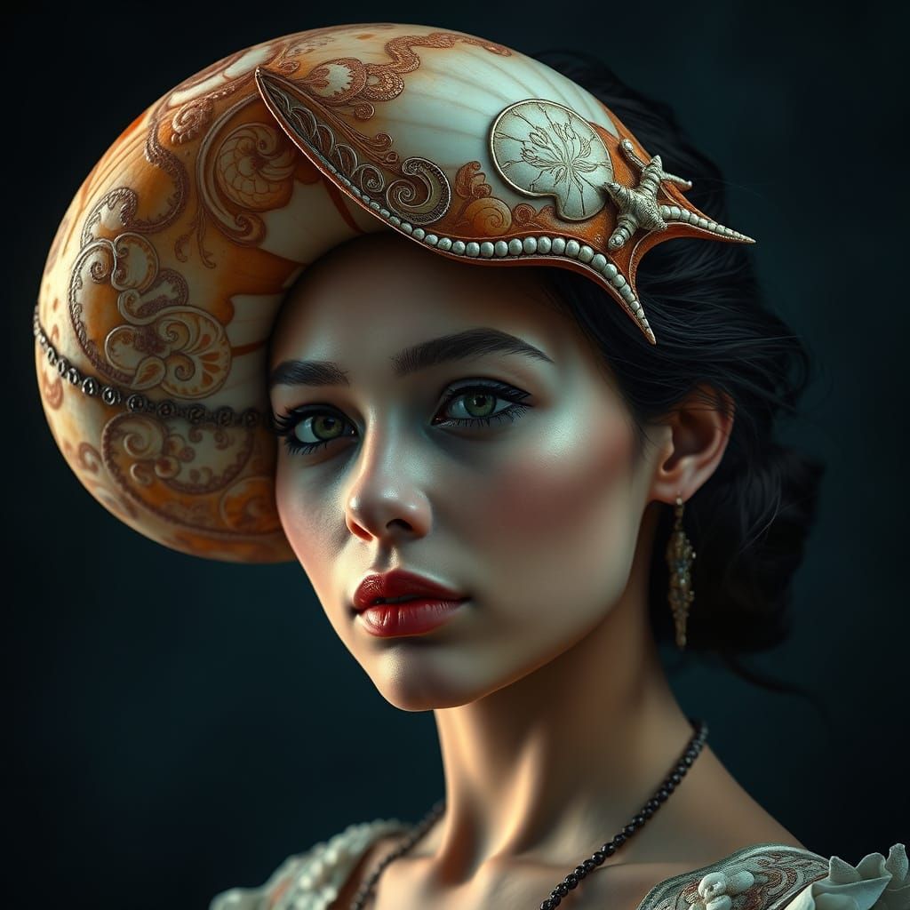 Woman with Nautilus Shell Headdress in Hyperrealism Style
