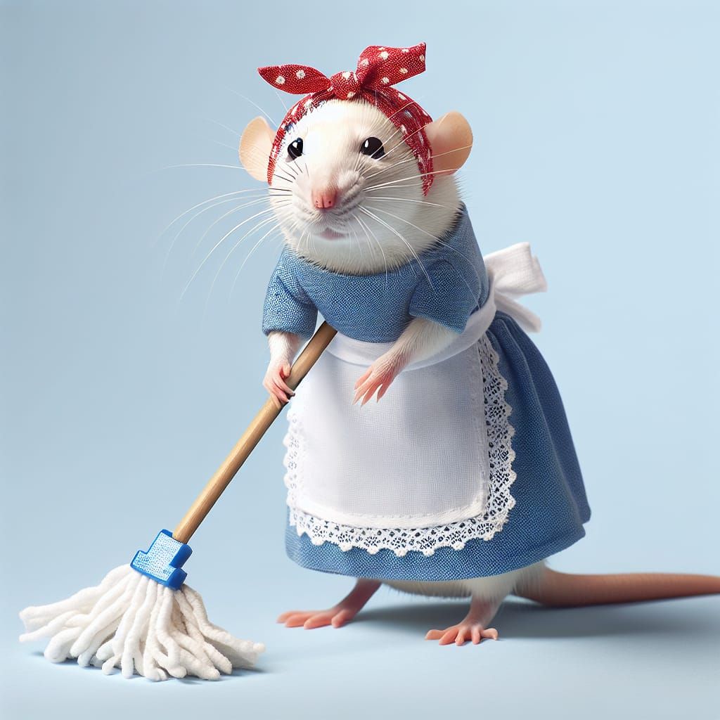 Whimsical Rat Housekeeper in Blue Dress with Mop