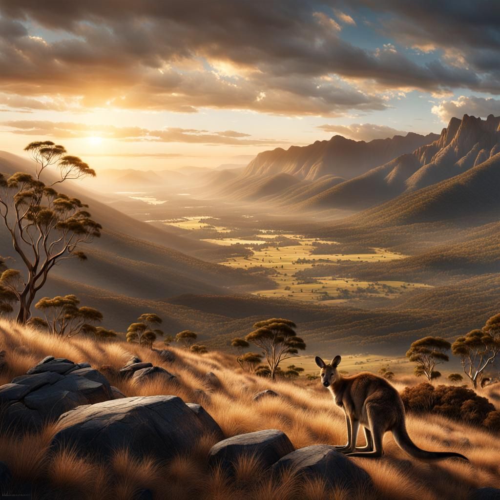 Australian Mountain Landscape with Kangaroo in Sunlight