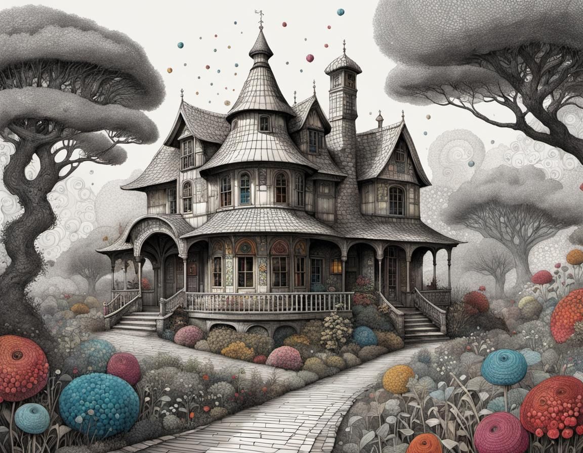Whimsical Dreamhouse in Naive Folk Art Style