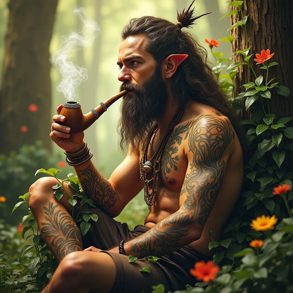 Aasimar Druid Smoking Pipe: Fantasy Concept Art