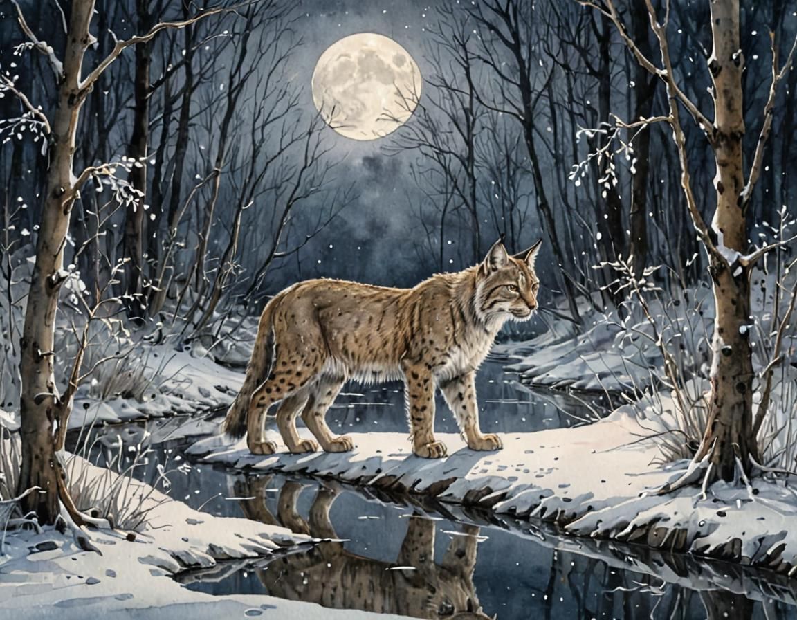 Icy River in Snowy Forest: Watercolor and Ink Painting