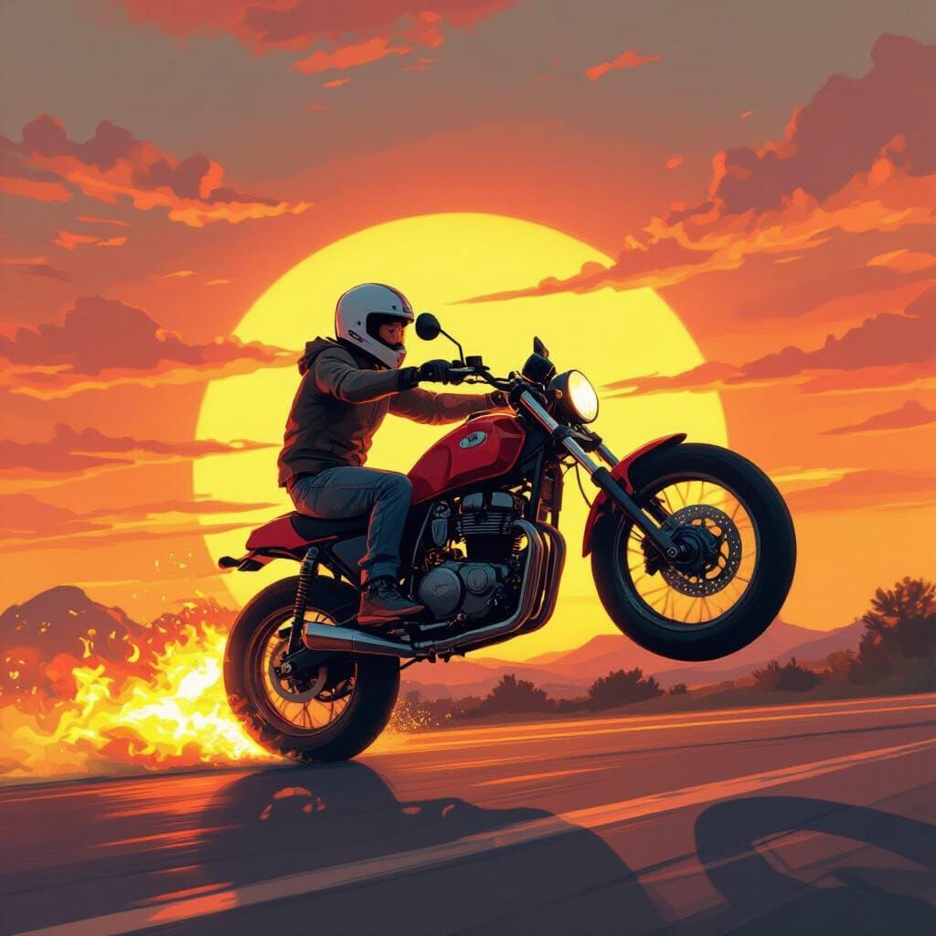 Boy on Fiery Motorbike Wheelie at Sunset