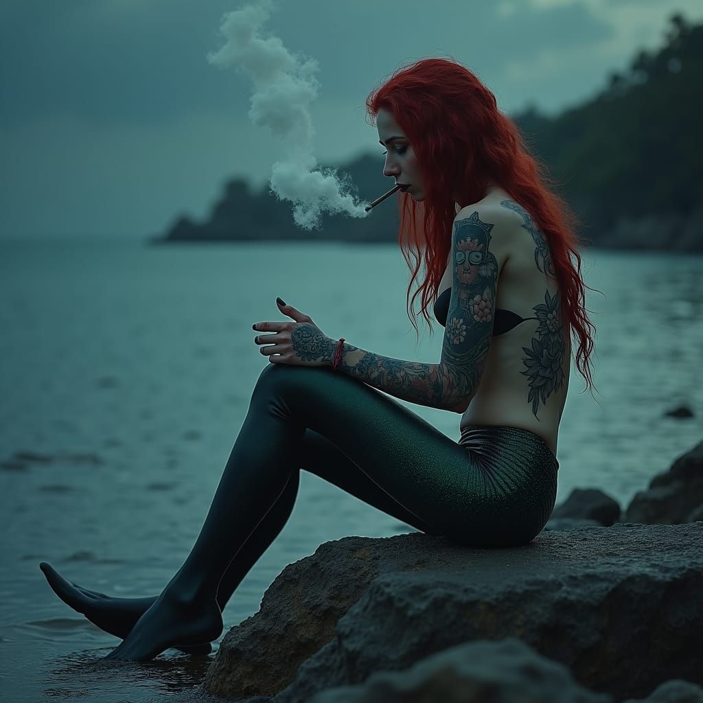 Tattooed Mermaid Smoking at Night, Dark Fantasy Art