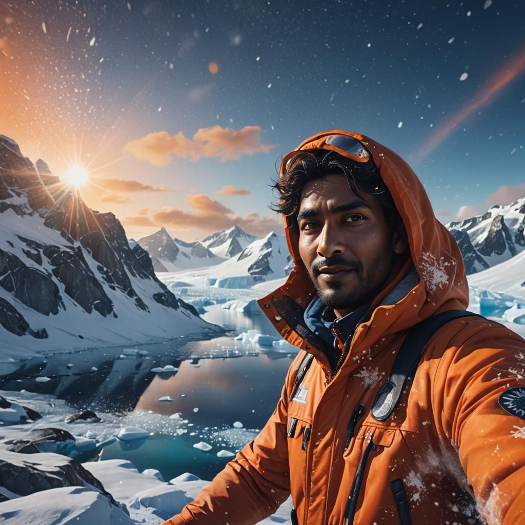 Indian Man's Antarctic Selfie: Cinematic Matte Painting