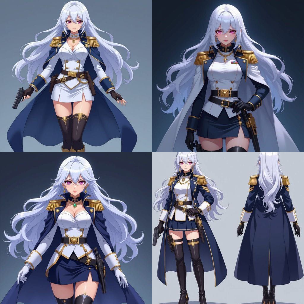 Anime Female Admiral with White Hair and Pink Eyes in Navy U...