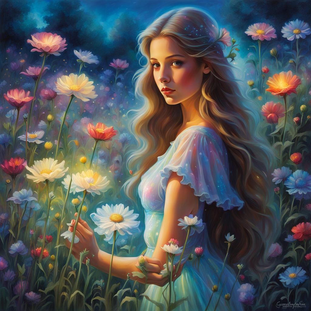 Woman in Glowing Dress Picking Flowers at Night