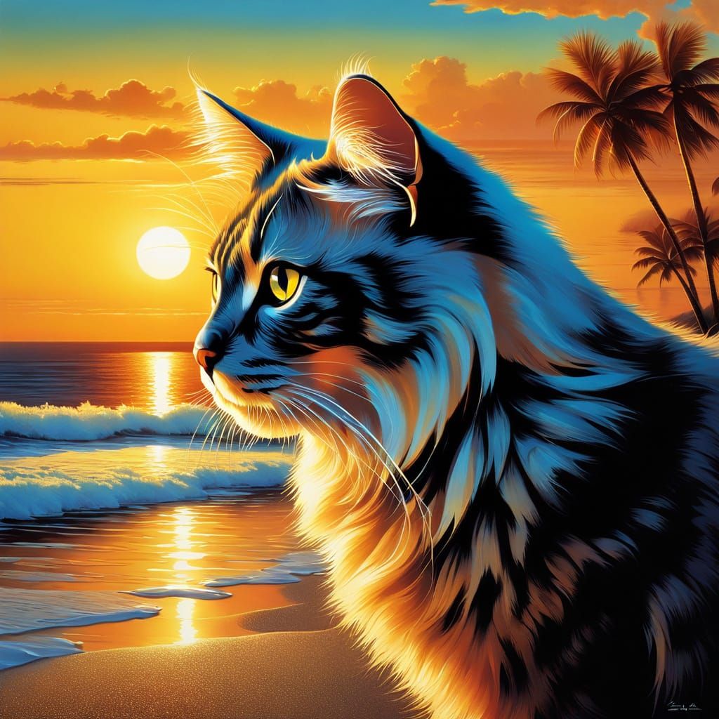 Sunset Beach Feline in Vibrant Colors