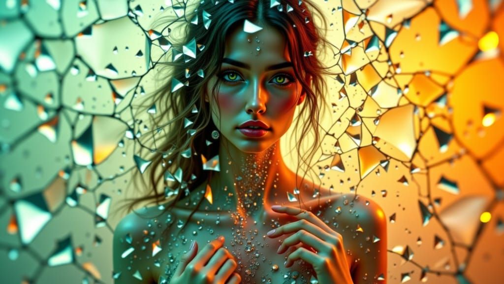 Woman Mends Shattered Mirror with Gentle Precision