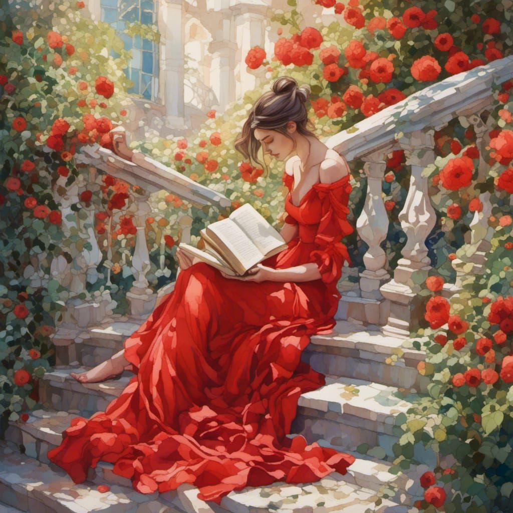 Woman Reading in Pastel Fantasy Garden