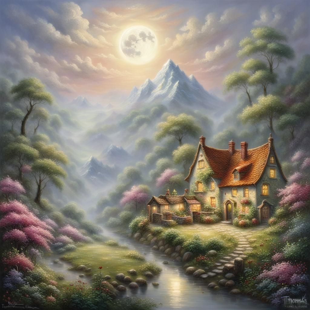 Food Face in Dreamlike Thomas Kinkade Landscape