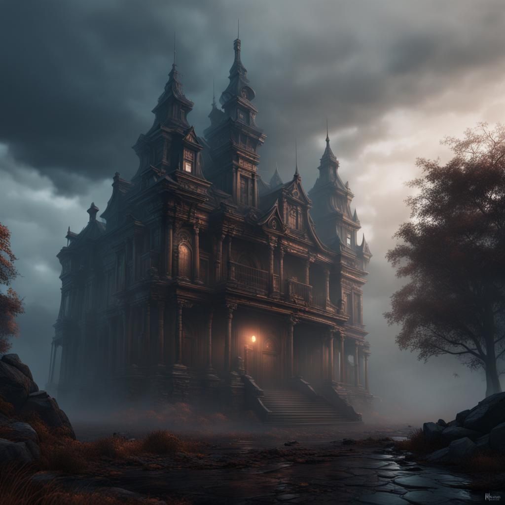 Ominous Building in Fog: Detailed Matte Painting