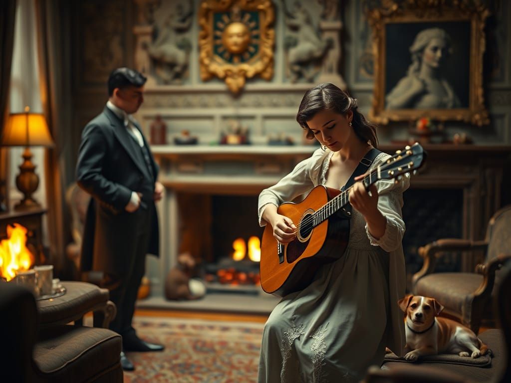 Georgian Era Woman Plays Guitar Amidst Luxurious Drawing Roo...