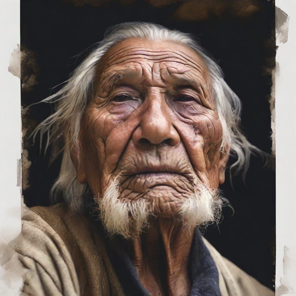 Elderly Native American Man in Gouache Impressionist Masterp...