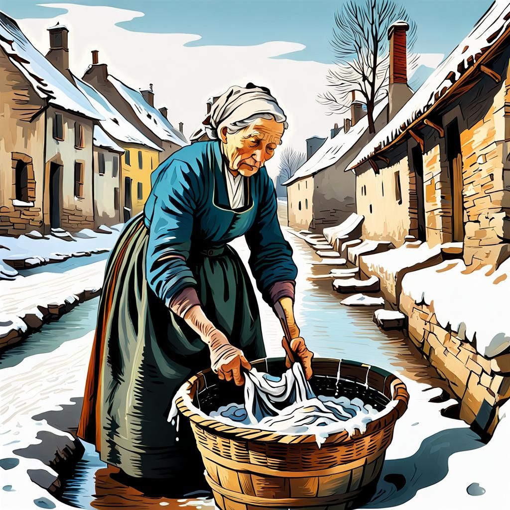 Renaissance Woman Laundering in Winter, Van Gogh Style