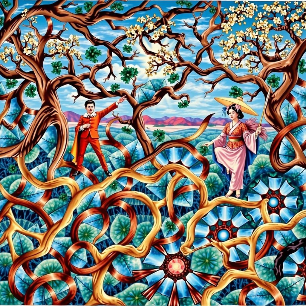 Matador, Harlequin, Geisha Contemplate Life in Surreal Style