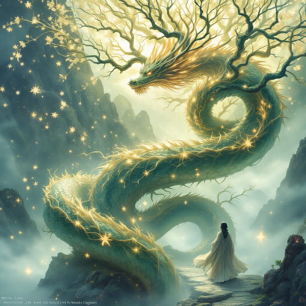 Ethereal Dragon Entwined with Glowing Yggdrasil