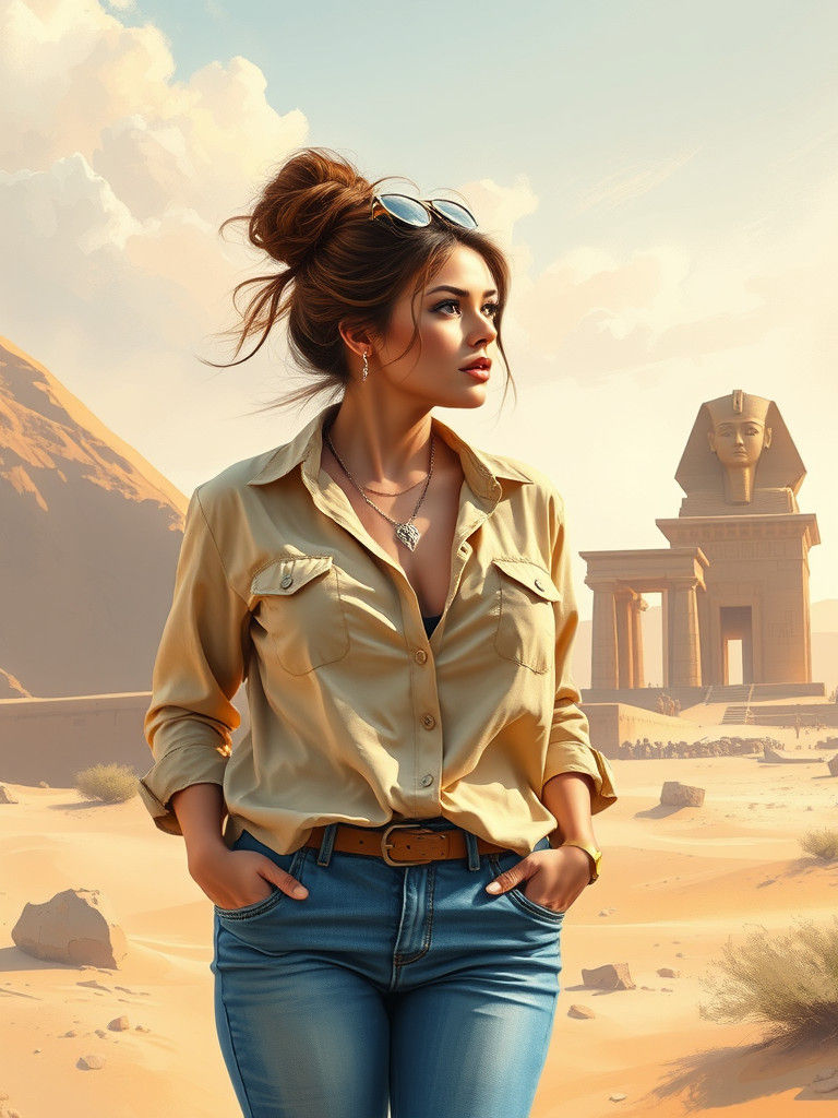 Woman Exploring Abandoned Egyptian Temple in Pop Art