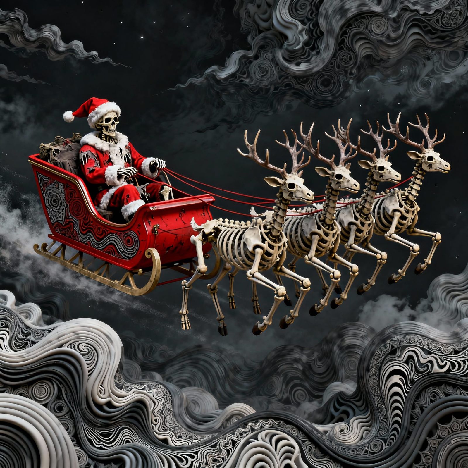 Skeleton Santa in Coffin Sleigh with Reindeer