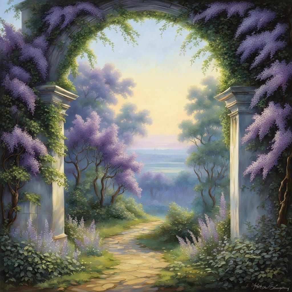 Lilac Archway in Whimsical Landscape