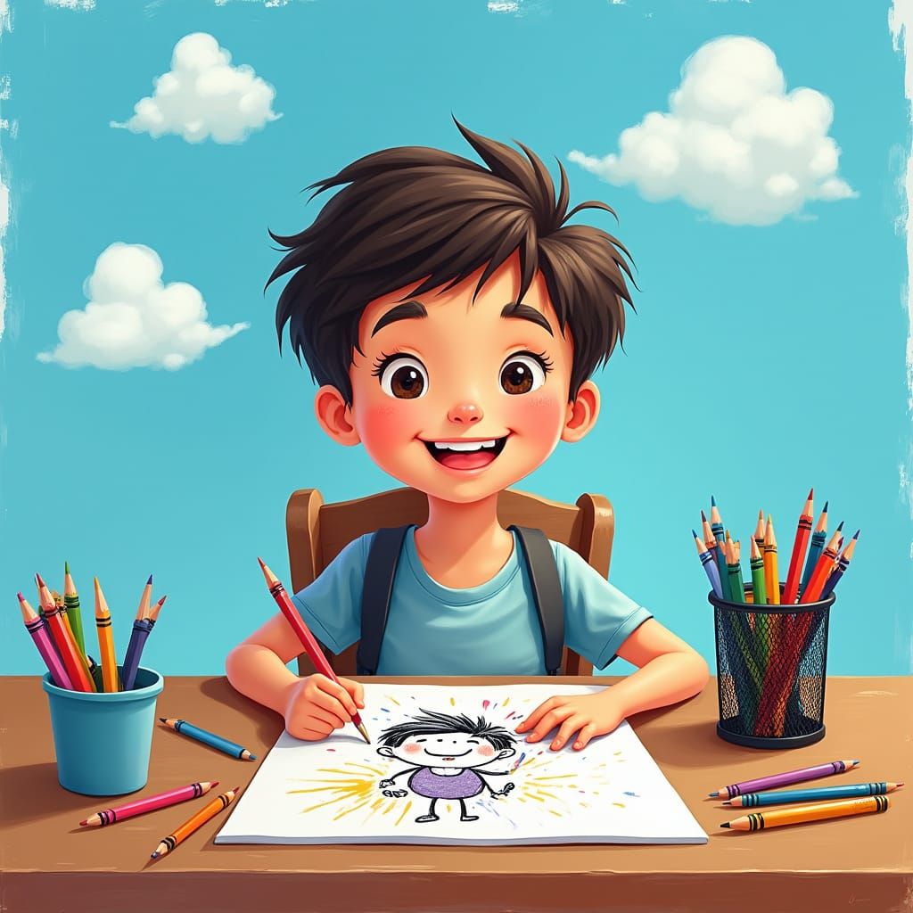 Cheerful Student Colouring Cartoon in Playful Ink Style
