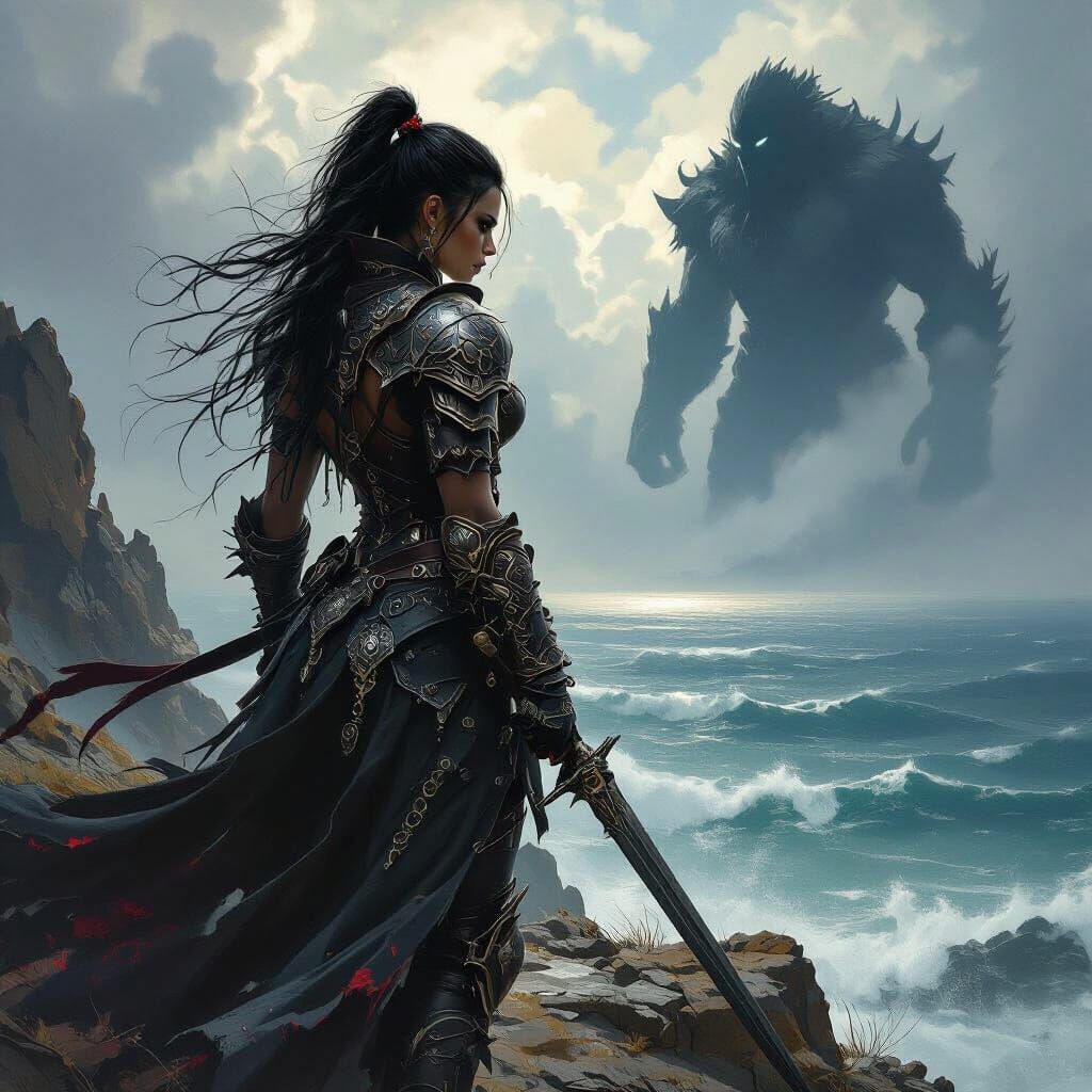 Warrior Woman on Peak, Dark Fantasy Armor, Stormy Sea