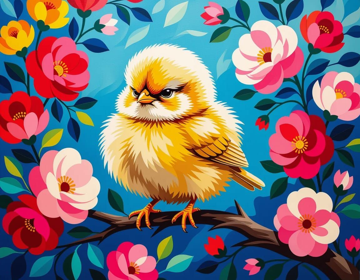 Grumpy Chick in Floral Display as Gouache Painting
