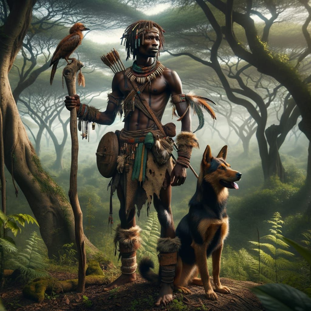 Bantu Scout and Loyal Dog in African Forest