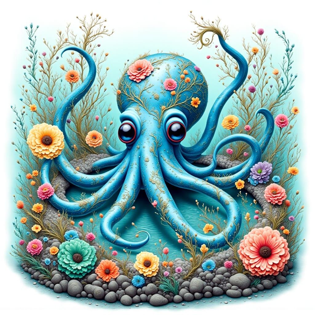 Chibi Octopus with Floral Tapestry in Rockpool