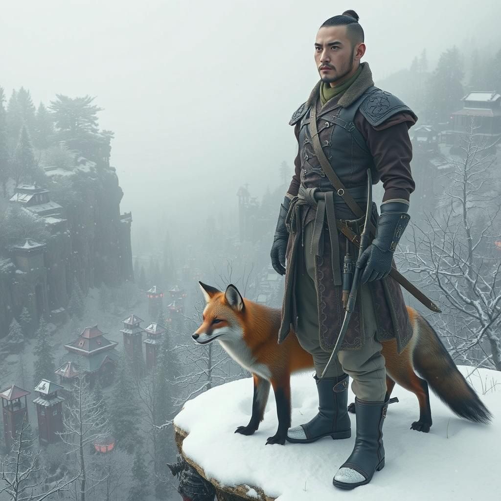 Hunter and Fox Gaze Over Spring Forest