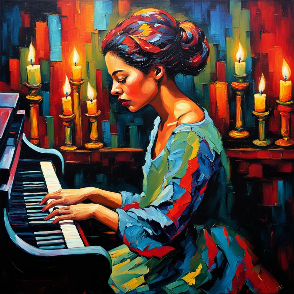 Expressionist Woman Plays Piano in Dark Jazz Club