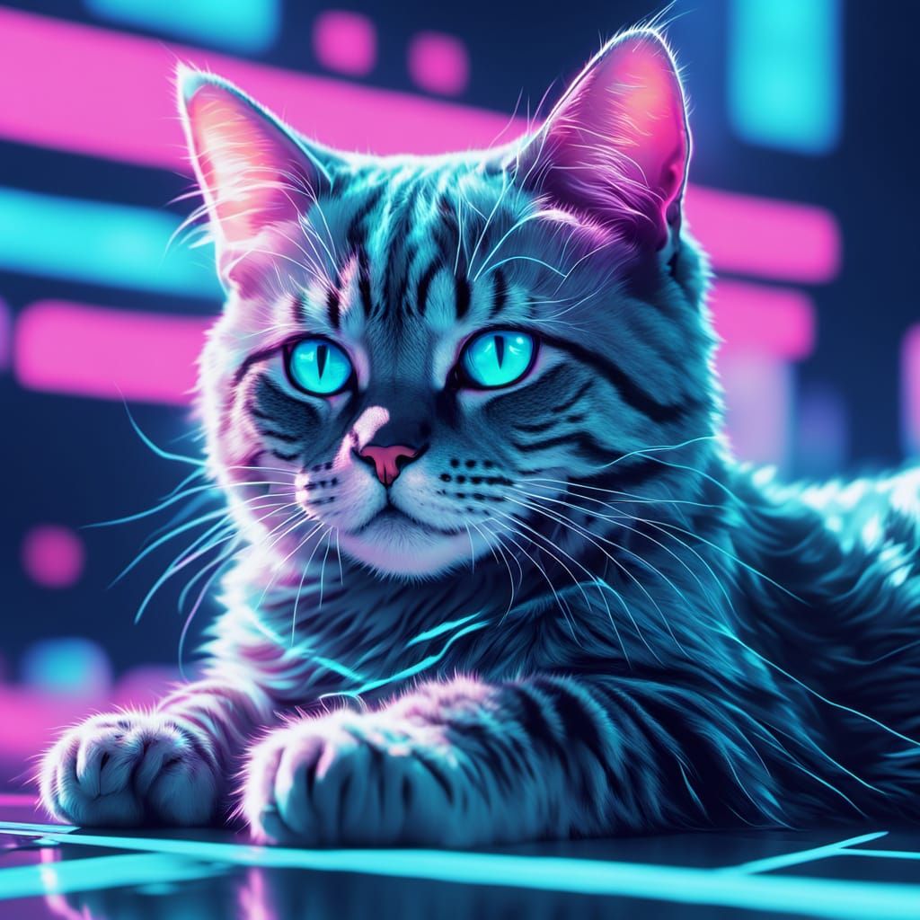 American Wirehair Cat in Vaporwave Sci-Fi Style