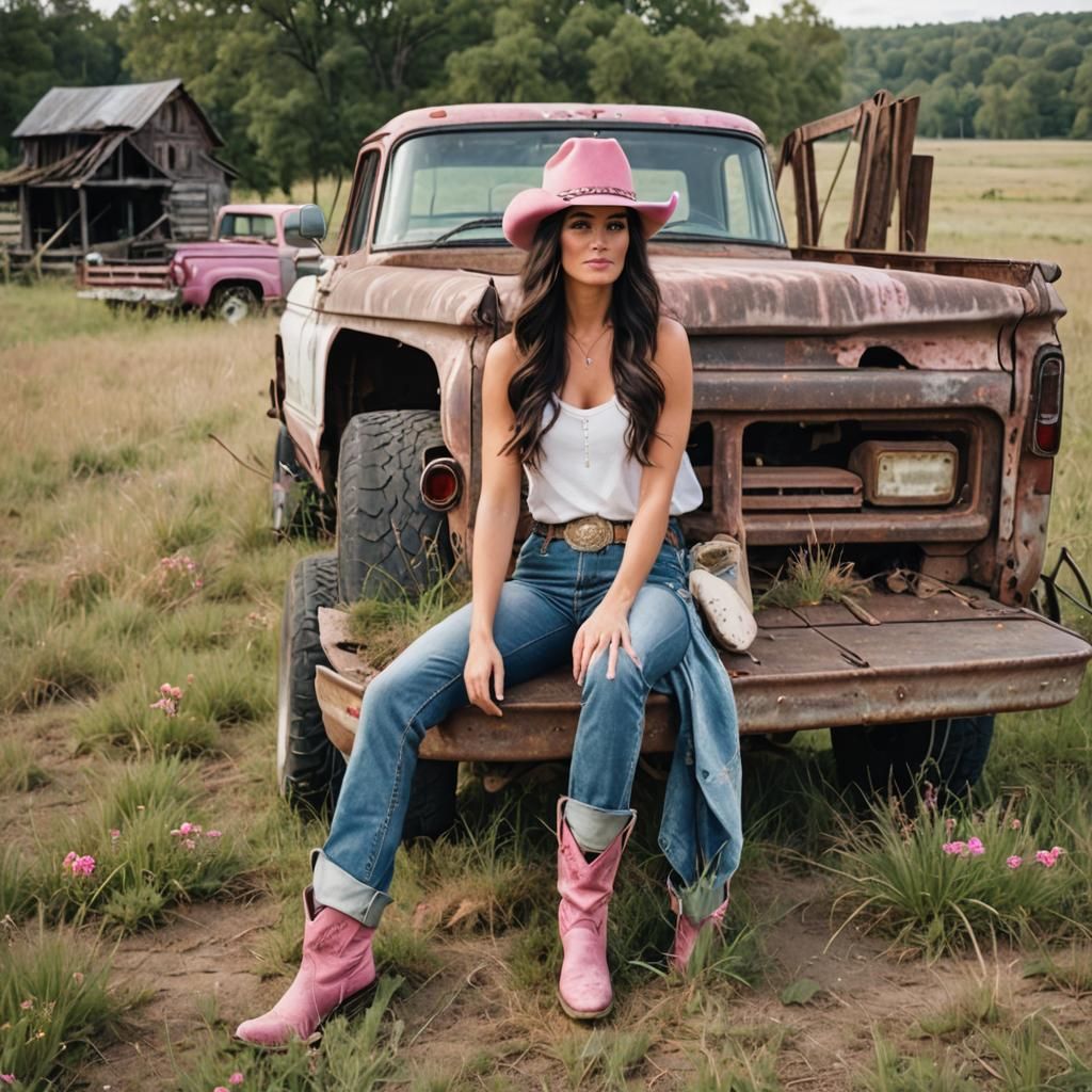Country Woman in Pink Cowgirl Hat by Truck