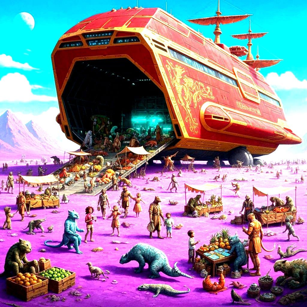 Interstellar Bazaar Unloading on Redonia in Sci-Fi Style